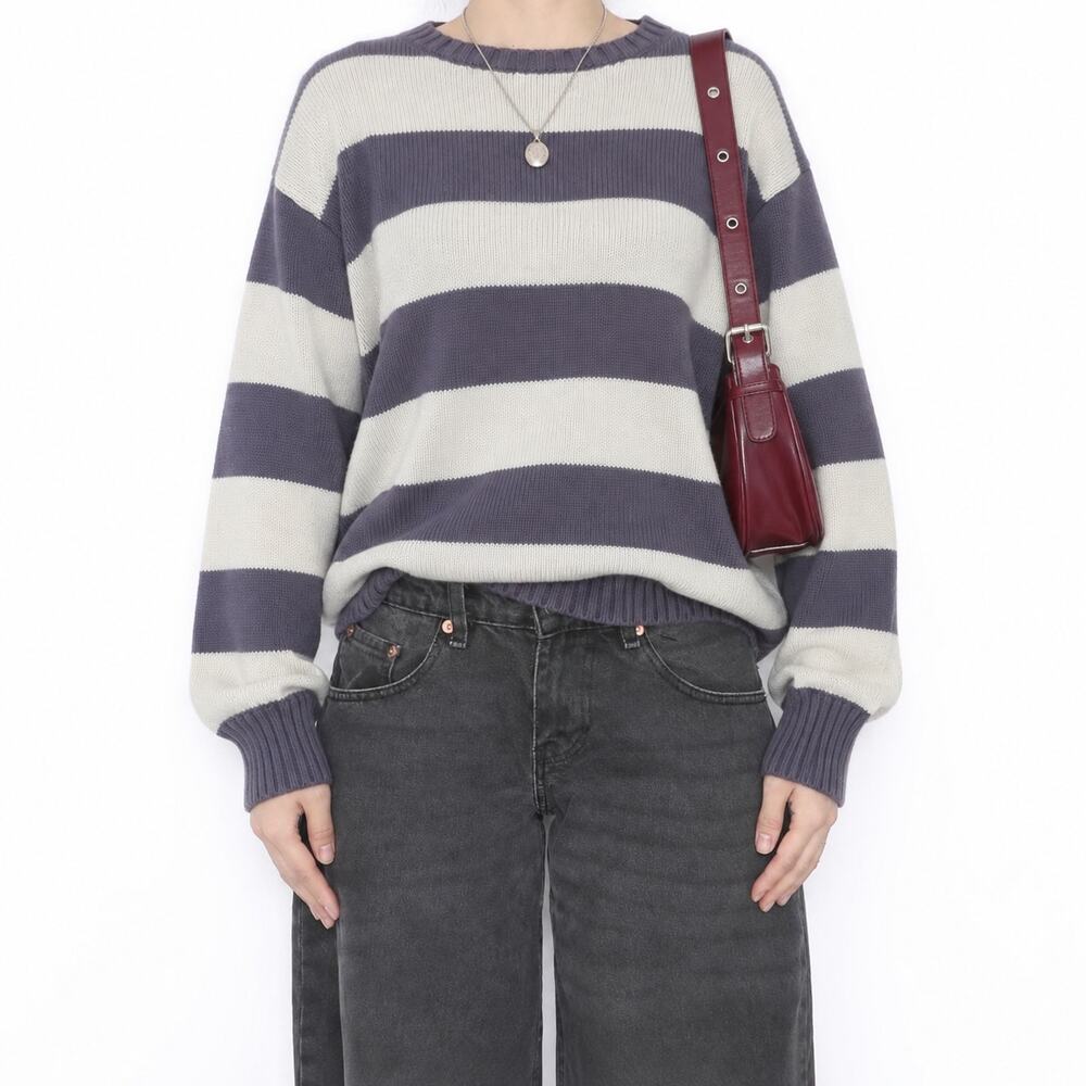 John Galt - Brandy Melville Gray and White Striped Slouchy Sweater - 90s Grunge